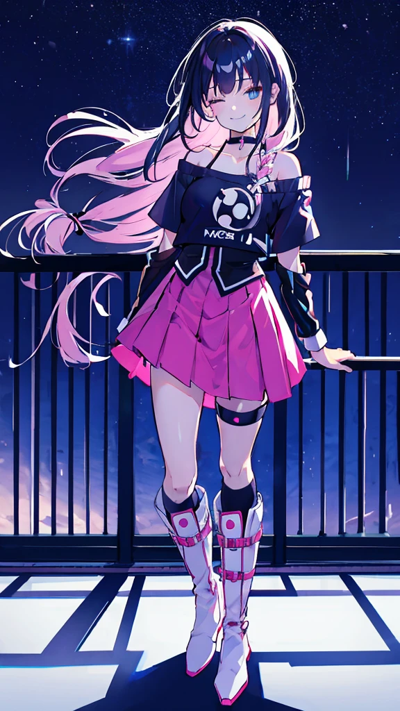 ((masterpiece,Highest quality)), High resolution, One girl, that, Off-the-shoulder shirt, Single knee socks, boots, Lean back, smile, Mouth closed, Neon Light, Night Sky, handrail,, ((masterpiece,Highest quality)), High resolution, One girl,