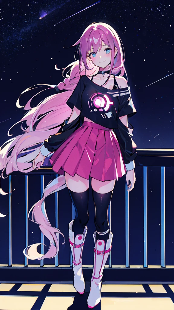 ((masterpiece,Highest quality)), High resolution, One girl, that, Off-the-shoulder shirt, Single knee socks, boots, Lean back, smile, Mouth closed, Neon Light, Night Sky, handrail,, ((masterpiece,Highest quality)), High resolution, One girl,