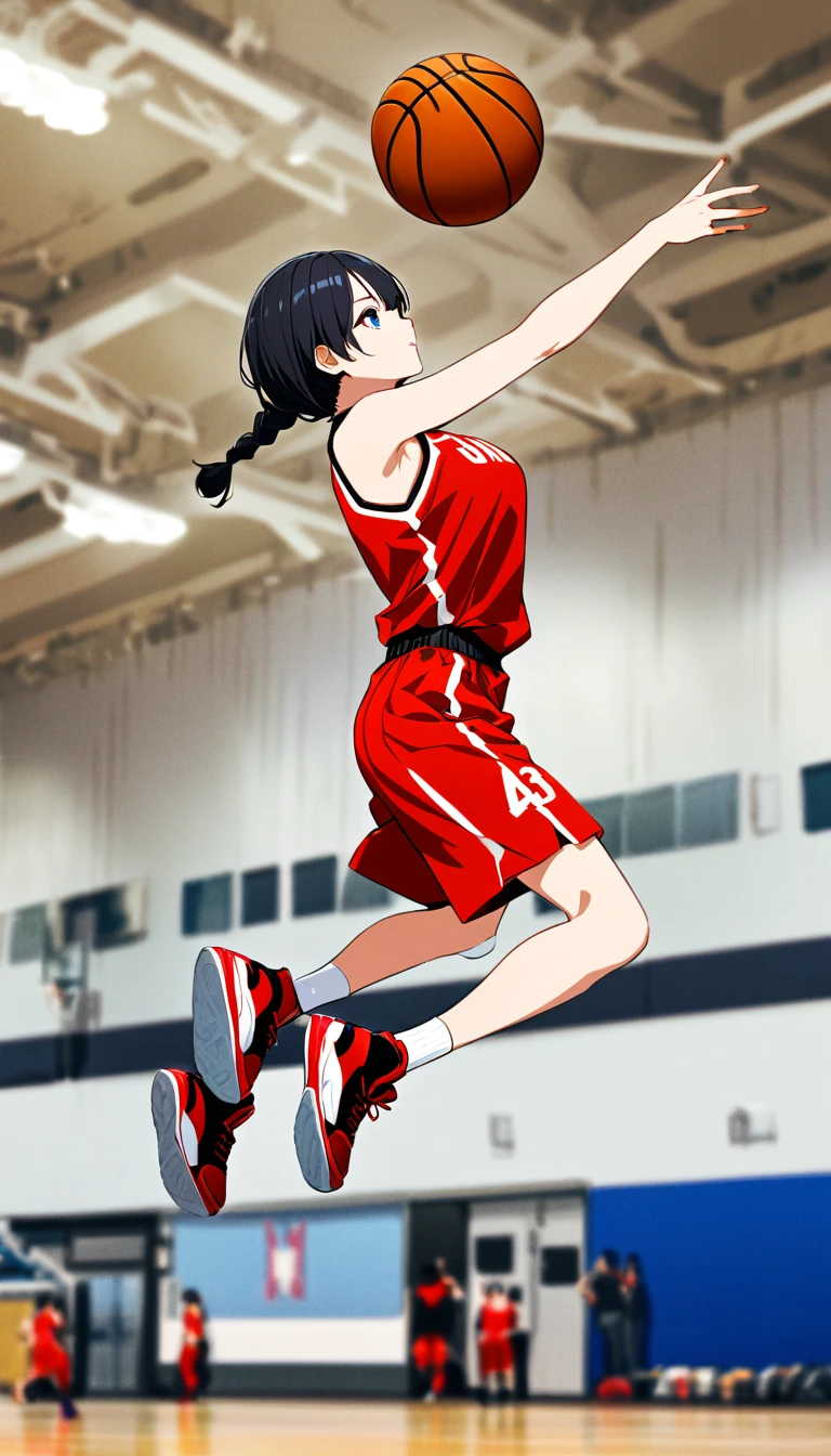 Highest quality、High resolution、Detailed Background、Beautiful Face、High detail、(Perfect Anatomy, Perfect Style)、(Detailed facial expressions)、(fine grain:1.2)、age Beauty、(very wide shot:1.5, full body:1.4), One Girl、, Cute black hair、Braided Bob, Braided, clear, deep blue eyes、Braided Ponytail, Braided bob cut, Basketball game in the gym, jumping:1.5, dunking:1.5, brake, Incredible jumping ability:1.5, Suspended in the air in a shooting position:1.5, Incredible jumping power and long flight times, ((aerial view:1.5, shoot from side, looking up)), (Bright red basketball uniform:1.5, White Line、Same color above and below, No sleeve:1.5, Shorts, High-cut basketball shoes)、(armpit:1.2), ((large breasts:1.2, pointy breasts:1.2, high breasts:1.2)), Throw a basketball held above your head into the top of the goal, Dunk Shot、The goal ring is 3m above the ground.