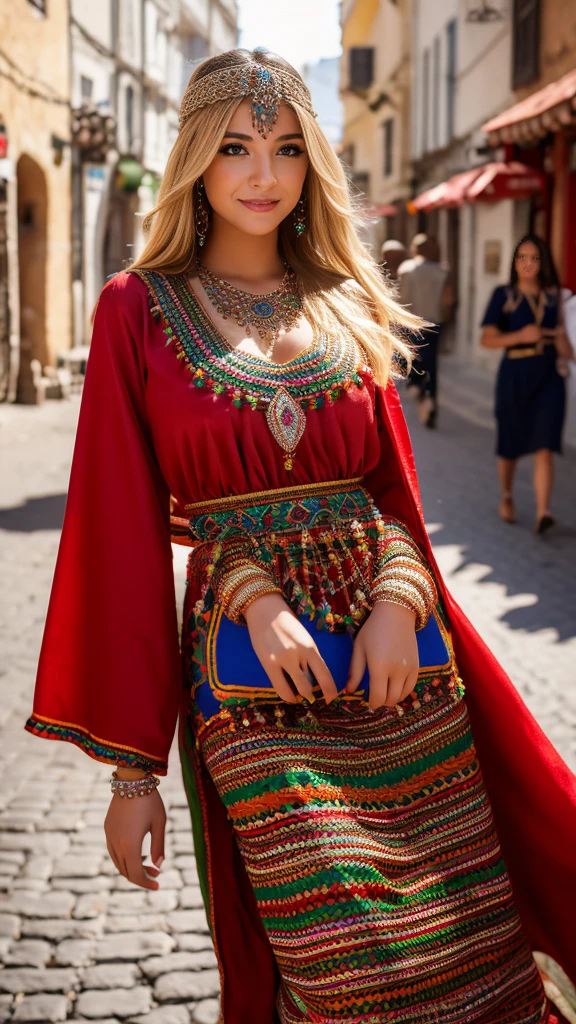 beautifull hot german blonde, robe kabyle, berber, amazigh dress, kabyledress, tizi ouzou, berber outfit, kabylegirl, bijoux, street blurred background, realistic, 4k