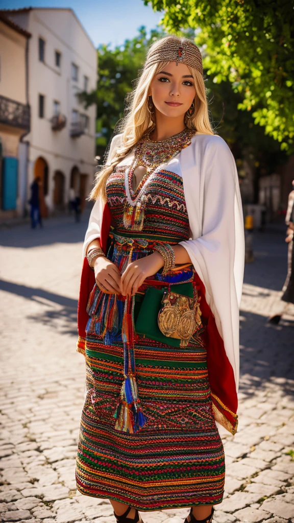 beautifull hot german blonde, robe kabyle, berber, amazigh dress, kabyledress, tizi ouzou, berber outfit, kabylegirl, bijoux, street blurred background, realistic, 4k