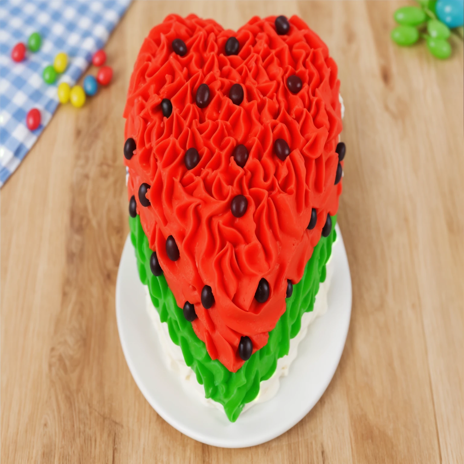 on a wooden table, on a white plate, red and green cream heart cake, star shaped cream, with black plastic beads, there is a blue checkered tablecloth on the table next to it, scattered rainbow jelly beans, chamomile lies, Multiple light sources, bright lighting, Realistic style , realistic texture, detailed texture, A high resolution, high quality, macro photo, ultra hd 4k quality.