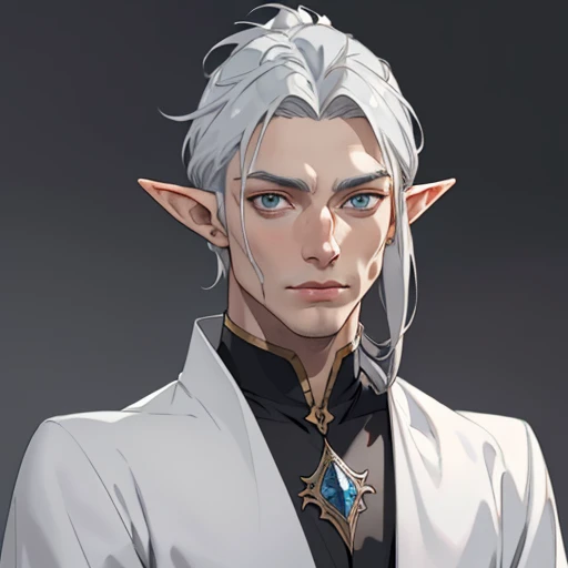 (masterpiece), (best quality),(portrait),(bust up),1boy,solo,(sharp focus),((look at viewer)),elf, elf priest,(silver hair),adult, (ancient:1),ancient luxurious long clothes,old school fantasy art,((simple background)),super shiny face,Ultra Glossy Skin,
