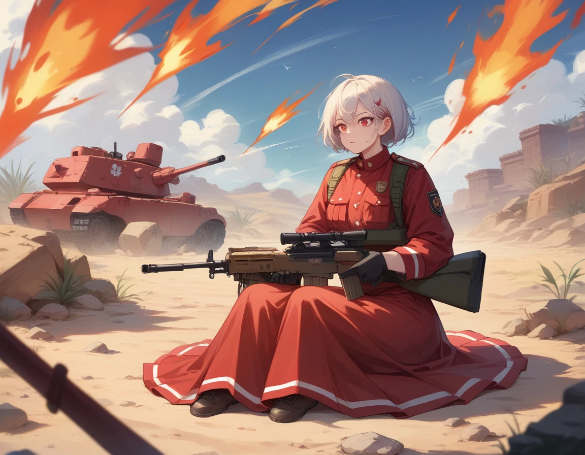 A platoon of girls in bright red military uniforms and long red skirts、A pair of a girl platoon leader and a soldier wearing a red military uniform and a red long skirt and equipped with two assault rifles、desert、Two large explosions on the ground behind