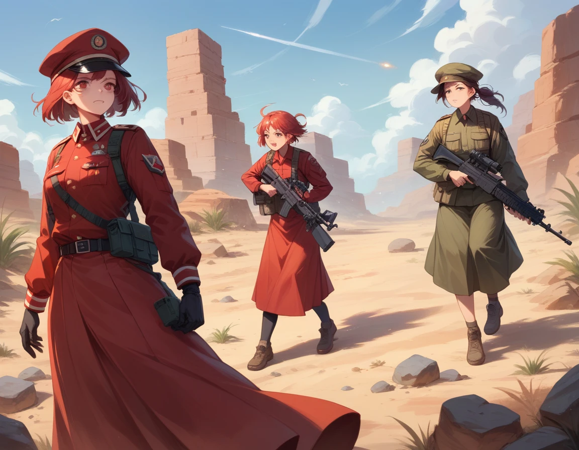 A platoon of girls in bright red military uniforms and long red skirts、A pair of a girl platoon leader and a soldier wearing a red military uniform and a red long skirt and equipped with two assault rifles、desert、Two large explosions on the ground behind