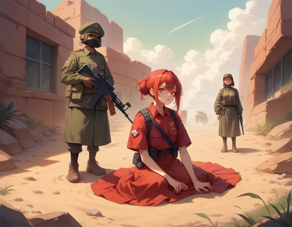 A platoon of girls in bright red military uniforms and long red skirts、A pair of a girl platoon leader and a soldier wearing a red military uniform and a red long skirt and equipped with two assault rifles、desert、Two large explosions on the ground behind