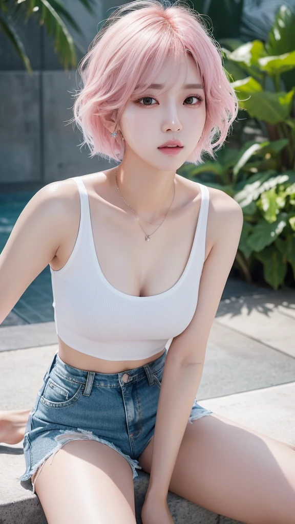 a beautiful korean k-pop star, Heavy Korean makeup, wet and sweaty, wearing a tight white Tanktopdenim shorts, white sneakers, extremely detailed, high resolution, photorealistic, detailed eyes, detailed lips, provocative gaze, full body shot　pinkshort hair