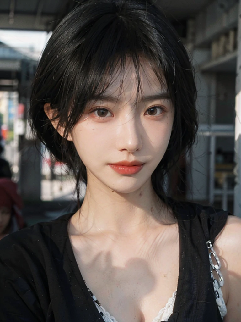 (Skin details:1.4), (smooth skin textures:1.3), (Upper body:1.4),(Upper Body:1.3),(Black clothes:1.4),Lipstick, background, earrings, serene, calm, (Realistic and detailed eyes:1.2), Natural skin texture, Realistic facial details, Soft dramatic lighting, Vivid details, 35 mm film, outdoor, (Photo Practical:1.4), (hyper Practical:1.4), (Practical:1.3), (Smoother lighting:1.05), (Improve lighting quality:0.9), (Highest quality real skin textures:1.4), Exquisite eyes, Delicate face, Close-up of face, (Enhance the beauty of skin texture:1.1),0Normal body proportions, short hair, Moles under the eyes, A faint smile,Portrait Photography, Depth of Field, Bokeh, Surrealism, Ray Tracing, (Portrait Photography:1.1), Surrealism, High Detail, Chiaroscuro, Ray Tracing, reflected light, Ultra HD, Ultra HD, masterpiece, Textured Skin, Super Detail, High Detail, high quality, best quality