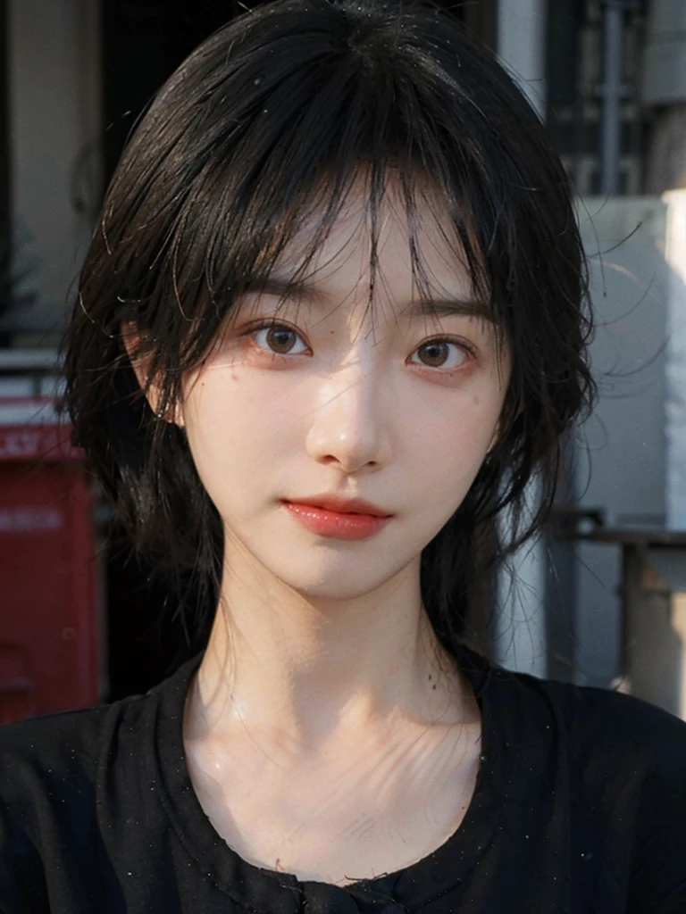 (Skin details:1.4), (smooth skin textures:1.3), (Upper body:1.4),(Upper Body:1.3),(Black clothes:1.4),Lipstick, background, earrings, serene, calm, (Realistic and detailed eyes:1.2), Natural skin texture, Realistic facial details, Soft dramatic lighting, Vivid details, 35 mm film, outdoor, (Photo Practical:1.4), (hyper Practical:1.4), (Practical:1.3), (Smoother lighting:1.05), (Improve lighting quality:0.9), (Highest quality real skin textures:1.4), Exquisite eyes, Delicate face, Close-up of face, (Enhance the beauty of skin texture:1.1),0Normal body proportions, short hair, Moles under the eyes, A faint smile,Portrait Photography, Depth of Field, Bokeh, Surrealism, Ray Tracing, (Portrait Photography:1.1), Surrealism, High Detail, Chiaroscuro, Ray Tracing, reflected light, Ultra HD, Ultra HD, masterpiece, Textured Skin, Super Detail, High Detail, high quality, best quality