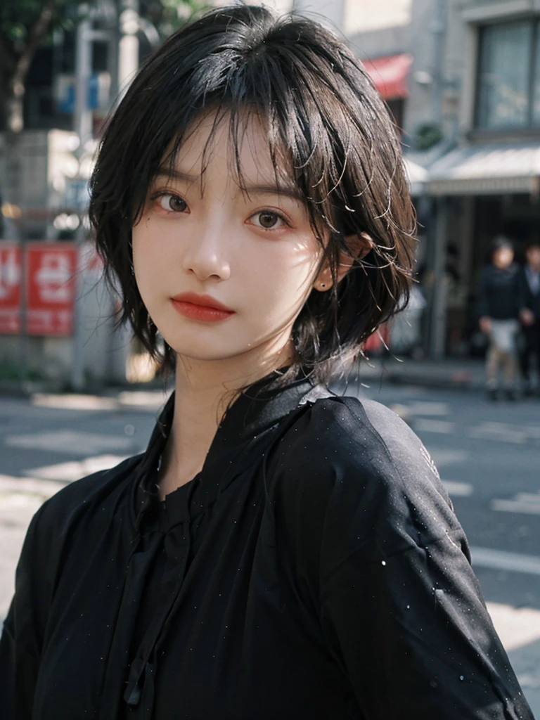 (Skin details:1.4), (smooth skin textures:1.3), (Upper body:1.4),(Upper Body:1.3),(Black clothes:1.4),Lipstick, background, earrings, serene, calm, (Realistic and detailed eyes:1.2), Natural skin texture, Realistic facial details, Soft dramatic lighting, Vivid details, 35 mm film, outdoor, (Photo Practical:1.4), (hyper Practical:1.4), (Practical:1.3), (Smoother lighting:1.05), (Improve lighting quality:0.9), (Highest quality real skin textures:1.4), Exquisite eyes, Delicate face, Close-up of face, (Enhance the beauty of skin texture:1.1),0Normal body proportions, short hair, Moles under the eyes, A faint smile,Portrait Photography, Depth of Field, Bokeh, Surrealism, Ray Tracing, (Portrait Photography:1.1), Surrealism, High Detail, Chiaroscuro, Ray Tracing, reflected light, Ultra HD, Ultra HD, masterpiece, Textured Skin, Super Detail, High Detail, high quality, best quality
