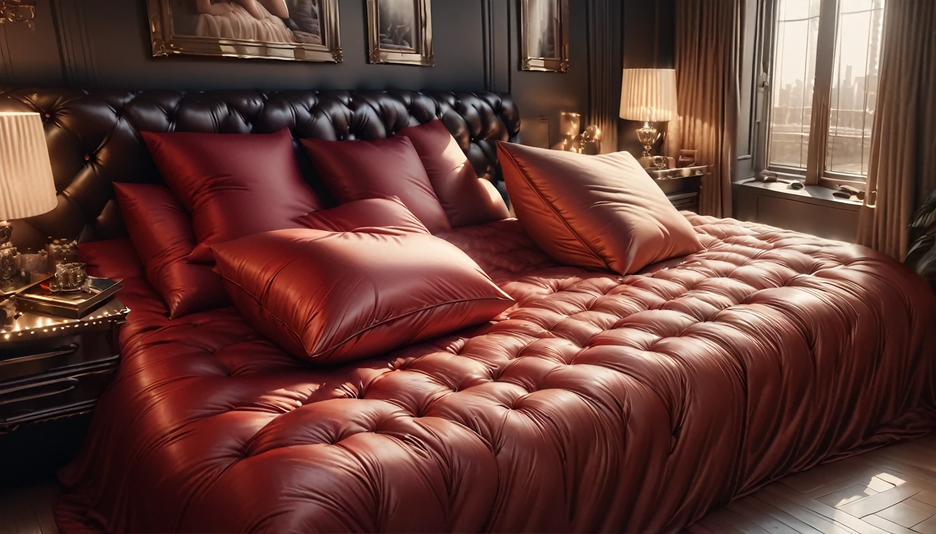 a luxurious fluffy red silk feather duvet, giant silk hugging pillows, a lavish and fluffy red silk bed, (best quality,8k,highres,masterpiece:1.2),ultra-detailed,(realistic,photorealistic,photo-realistic:1.37),bedroom,interior,cozy,plush,elegant,luxurious,soft lighting,warm colors,dramatic lighting,lavish,opulent,sumptuous