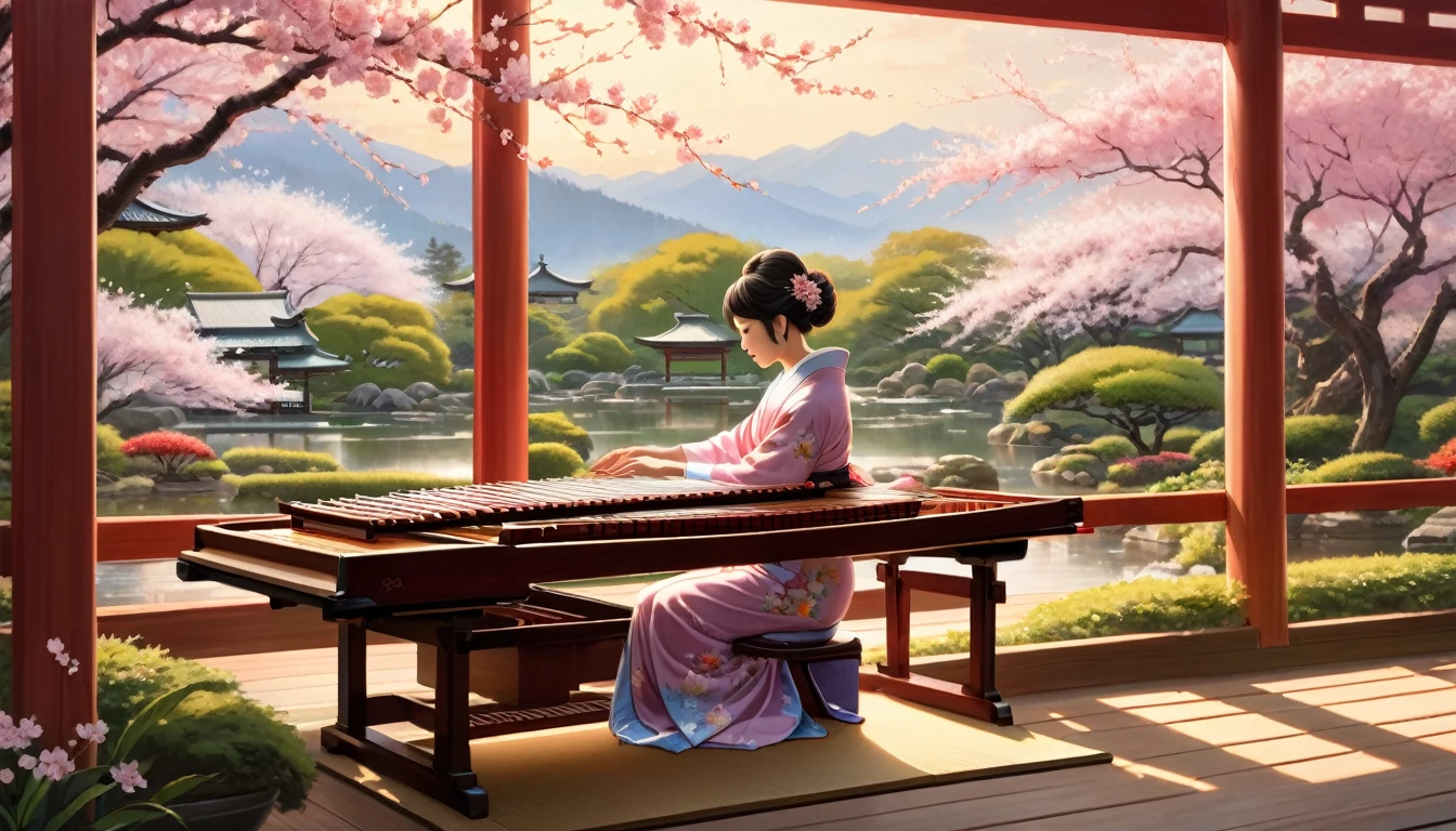 (masterpiece), (Highest quality), (Super detailed), A woman playing the koto, on the porch with a view of a Japanese garden.
Cherry blossoms are blooming in the garden. Lots of fresh greenery is also visible.