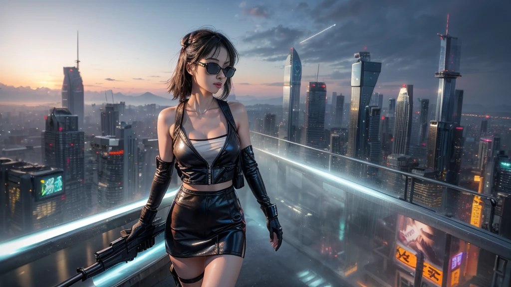at night, futuristic sci-fi cyberpunk city, broad viaduct, skyscrapers at the end of the viaduct, the movie "13th Floor" style, hq. Matrix style, at night, (1girl, solo), photo realistic, (large-breast:1.3 slim body, cleavage:1.3), (((tube top, extreamly short pleated (((miniskirt))) exposing panty))), (((((matrix style black sunglasses))))), (((((aiming at camera with a (pistol)))))), (((half-body (thigh level) medium shot))), (cinematic lighting).