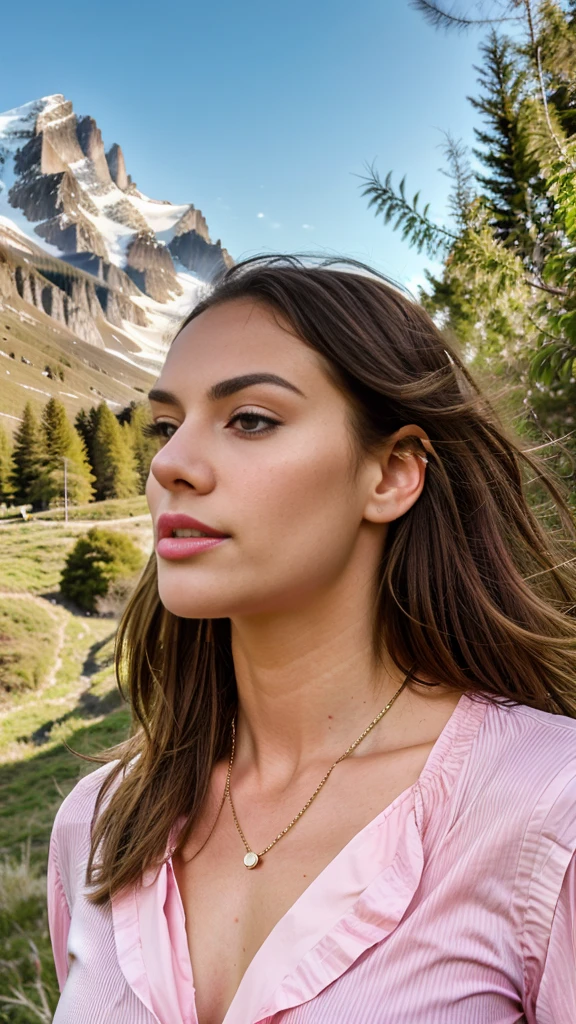 a beautiful Woman, goddess, hyper realistic, summer clothing, Shaped face. 22 years old, sharp chin, extremely beautiful photo and gross, Masterpiece, Extremely detailed photo, DSLR, photorealistic 1.4, ultra-high-resolution, Best Quality, pink lips, perfect make up, full body image, high, toned, medium tits, Pyrenees mountain background,