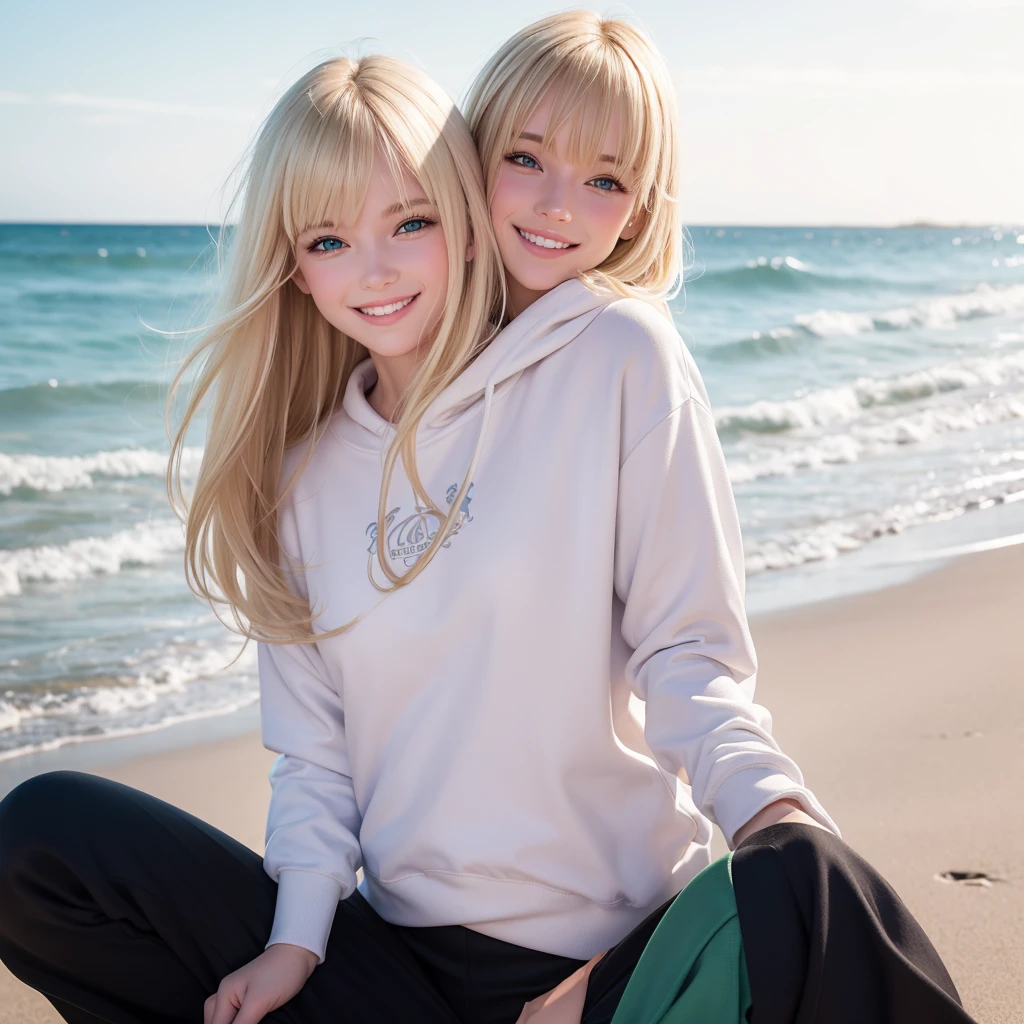 Blonde white girl with bangs and blue-green eyes wearing a white sweatshirt and black pants, smiling with her small, pink lips taking a photo on the beach with her full body posing 