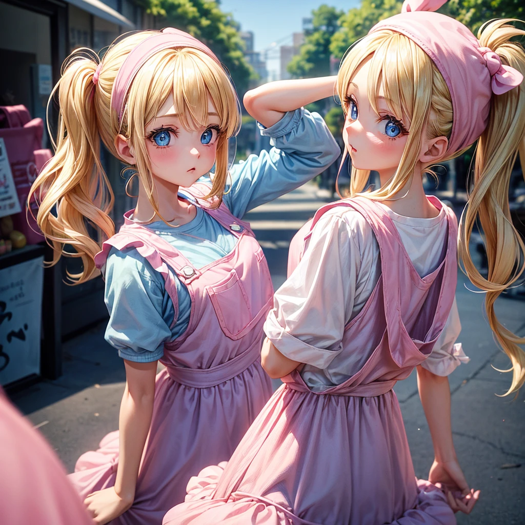 1 adult girl, blue eyes, Blonde, hair in two pigtails, pink vests, pink dress with white overalls, a pink hat on her head, in a calm and sweet environment, photography as for social media profile, Dragon Ball Z style and design, especially in the eyes