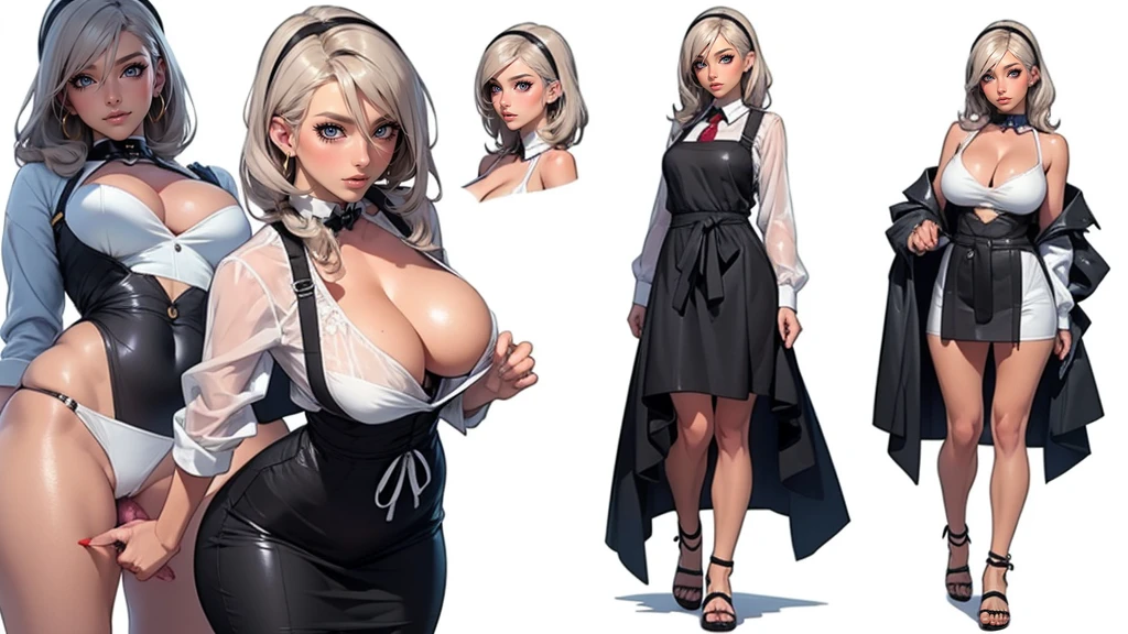 ((masterpiece)),(((best quality))),((character design sheet)), ((full body view)) illustration,Catalogue of sex slaves,1girl, thick thighs, ((detailed face:1.4)) Just the right kind of japanese sunburn kuro Gyaru for promiscuous sex friend, rough sketches, between breasts,big breasts,vaginal secretions,wearing an short apron without any clothes on and Chain of sex slaves,hair accessories,seductive grin smug,solid color backdrop, clean backdrop,