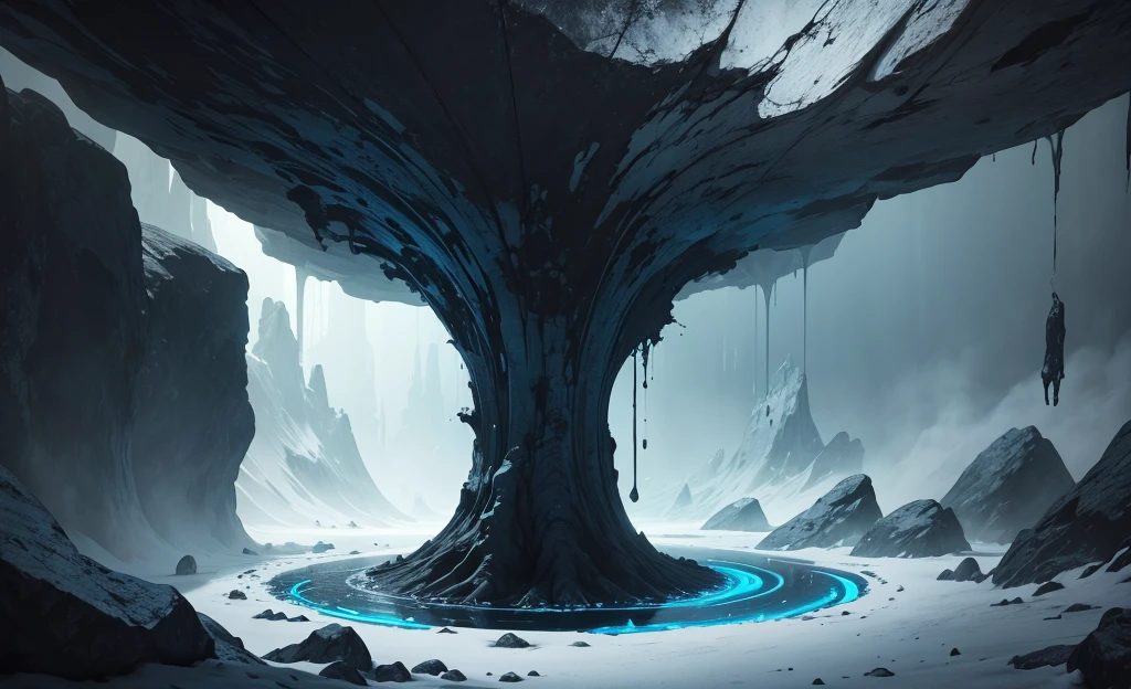 Create a scene that looks like an abyss, using the blue color palette, dark blue, offwhite, gris, preto e gris escuro, the camera has to capture the image from the front, but a little higher up.