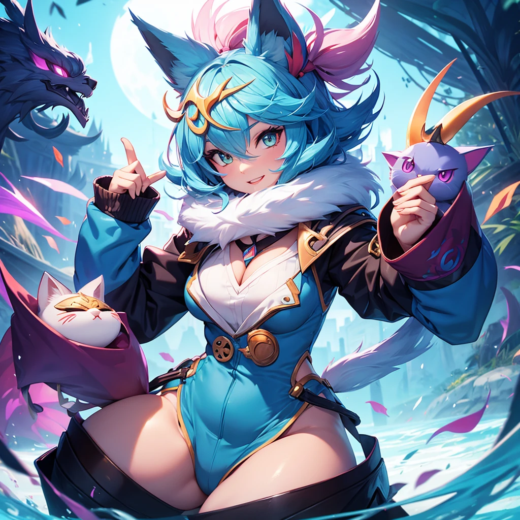 ((Ahri from league of legends)),best quality,4k,8k,highres,masterpiece:1.2,portrait,girl,beautiful detailed eyes,beautiful detailed lips,extremely detailed eyes and face,long eyelashes,floating nine-tailed fox tails,mesmerizing blue orb on her hand,sorceress,seductively posing,night garden scene,moonlit background,neon lights,ethereal atmosphere,soft and dreamy color palette,studio lighting,crisp and clear focus,breathtaking details,phenomenal visual effects,meticulously crafted digital painting,ultra-realistic,anime style,((nine fox tails)),((pinkish blue flame magic casting:1.5)),(pink colour hair and eyes),(((tattoo on her cleavage))),(pink and blue yukata),(Sakura leaf flowing on water),(Sakura trees),(snowing),(bluish white moon),(constipation),(Star),(erotic position),(extremely long hair),(magic casting, magic cube magic pentagon),(cinematic light),(light particles, broken glass effect),(((NSFW:1.2))),((fox ear)),((looking at viewers)),((full body view)),((extremely large breast)),(erect , blush,)