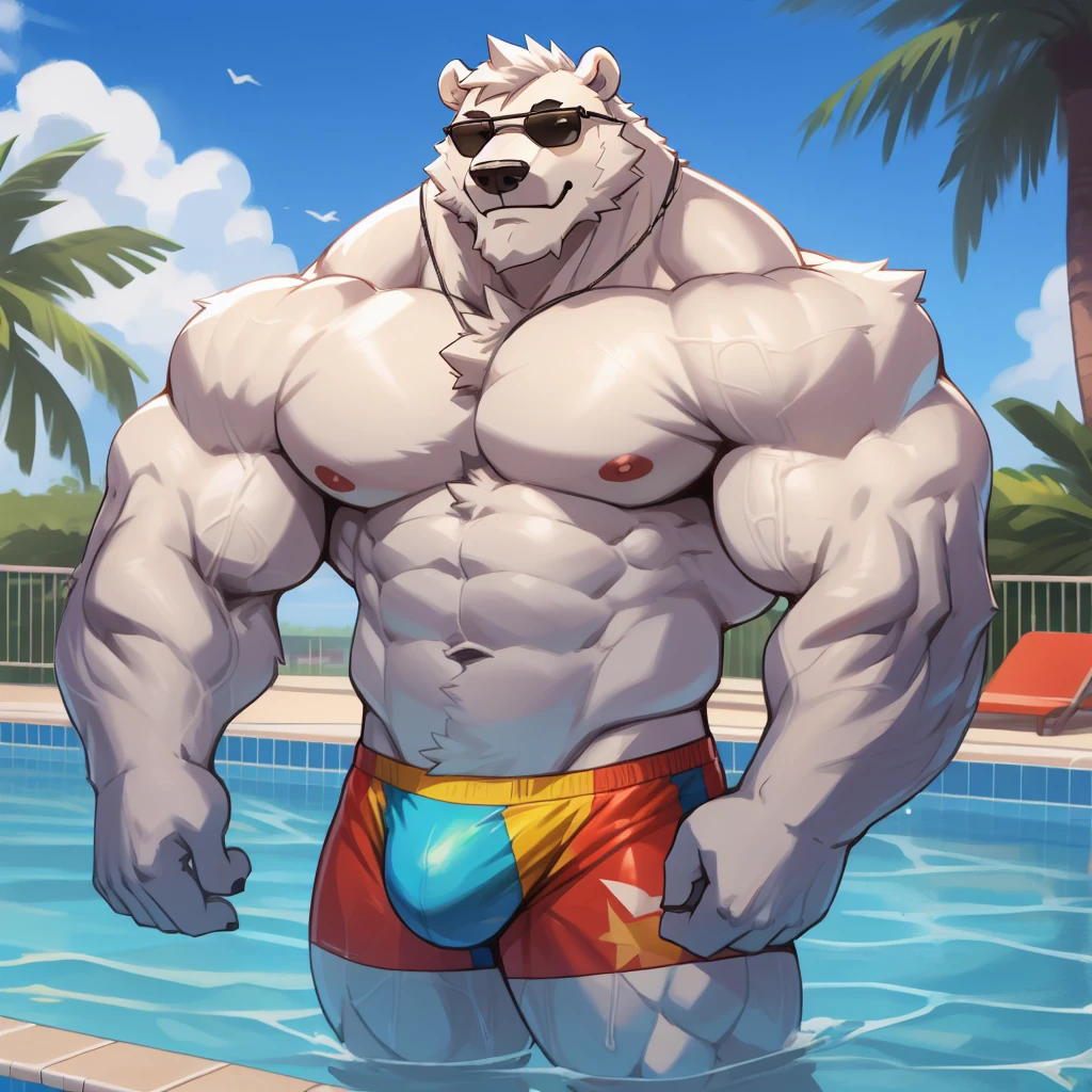 solo, 1boy, Huge Muscular White Polar Bear wearing sunglasses, huge white fur, pectoral, huge pectoral, wide pectoral, short white hair, blue speedo trunks and shirtless and topless, white bearded, white Mustache, white fur, shiny body, summer mansion background, masterpiece, high detailed, 8k, high resolution, at the pool, flexes huge pecs