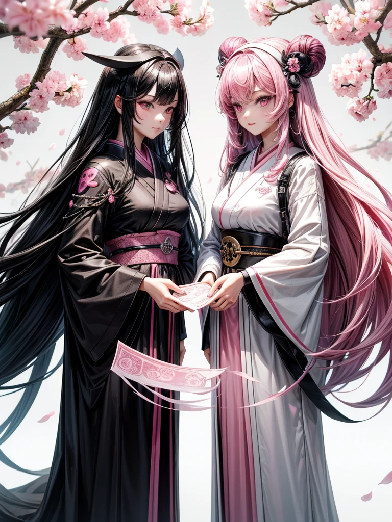 best quality, character design sheet, adult woman、No hat on, Black and pink hair, whole body, Head to Toe, Fortuneteller、Standing facing forward, Beautiful black dress, long Black Hair, Pure white background, from front, best quality, Cherry blossom pattern、Japanese、Adult Japanese、Clear eyes、Standing facing forward、The face is facing forward、holding a magic card in hand、White background、Black western dress、Neutral face、Black hair with pink inner color