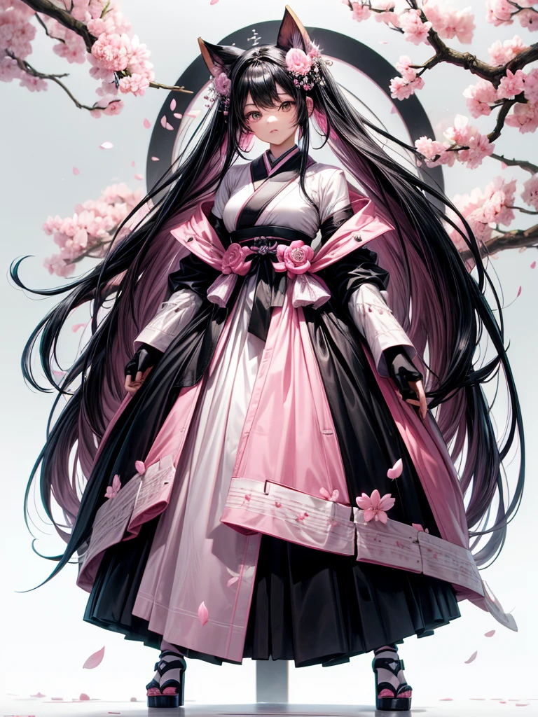 best quality, character design sheet, adult woman、No hat on, Black and pink hair, whole body, Head to Toe, Fortuneteller、Standing facing forward, Beautiful black dress, long Black Hair, Pure white background, from front, best quality, Cherry blossom pattern、Japanese、Adult Japanese、Clear eyes、Standing facing forward、The face is facing forward、holding a magic card in hand、White background、Black western dress、Neutral face、Black hair with pink inner color