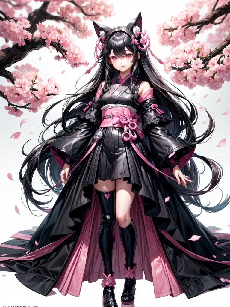 best quality, character design sheet, adult woman、No hat on, Black and pink hair, whole body, Head to Toe, Fortuneteller、Standing facing forward, Beautiful black dress, long Black Hair, Pure white background, from front, best quality, Cherry blossom pattern、Japanese、Adult Japanese、Clear eyes、Standing facing forward、The face is facing forward、holding a magic card in hand、White background、Black western dress、Neutral face、Black hair with pink inner color