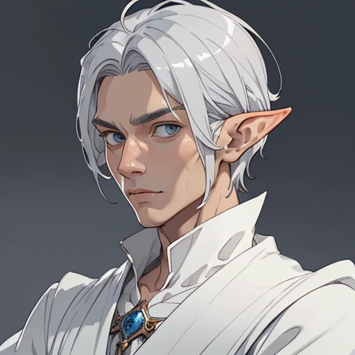 (masterpiece), (best quality),(portrait),(bust up),1boy,solo,(sharp focus),((look at viewer)),elf, elf priest,(silver hair),adult, (ancient:1),ancient luxurious long clothes,old school fantasy art,((simple background)),super shiny face,Ultra Glossy Skin,