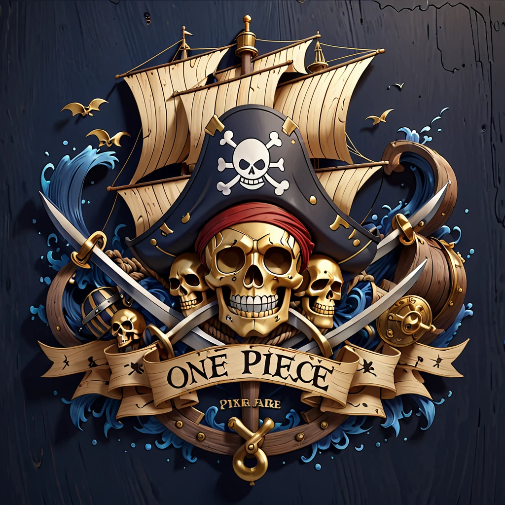 Design a bold and fierce title artwork for "One Piece" using a unique and rarely used typeface called "Pirate Gothic". The letters should be thick and rugged, resembling old pirate ship timbers, with sharp edges to convey a sense of danger and adventure. Each character in the word "One Piece" could incorporate thematic elements such as tiny, engraved skull motifs, crossed swords, or ropes intertwined through the letters, enhancing the pirate aesthetic. The color scheme should be a deep navy blue with gold trim to evoke the feel of high seas and hidden treasures. This title design should be set against a solid black background to make the artwork suitable for various applications by allowing for easy background removal. Ensure that the detailing in the typeface captures the raw, adventurous spirit of the series with a touch of realism in the textures of wood and metal, making it appear as if it could belong on the side of a pirate ship or a treasure map.