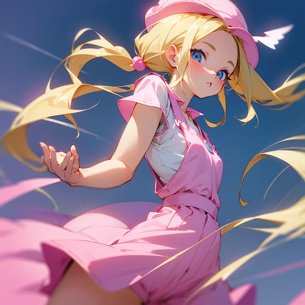 1 adult girl, blue eyes, Blonde, hair in two pigtails, pink vests, pink dress with white overalls, a pink hat on her head, in a calm and sweet environment, photography as for social media profile, Dragon Ball Z style and design, especially in the eyes