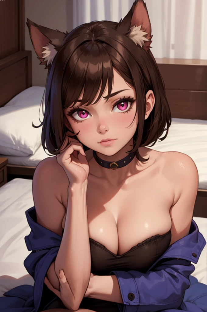 ((masterpiece)), ((detailed, high quality)), girl, cute face:1.2, soft brown hair, super straight hair, dog ears lowered, pink eyes, blue skin, soft brown big coat, bedroom, Pantyhose soft brown, close-up, cute pose