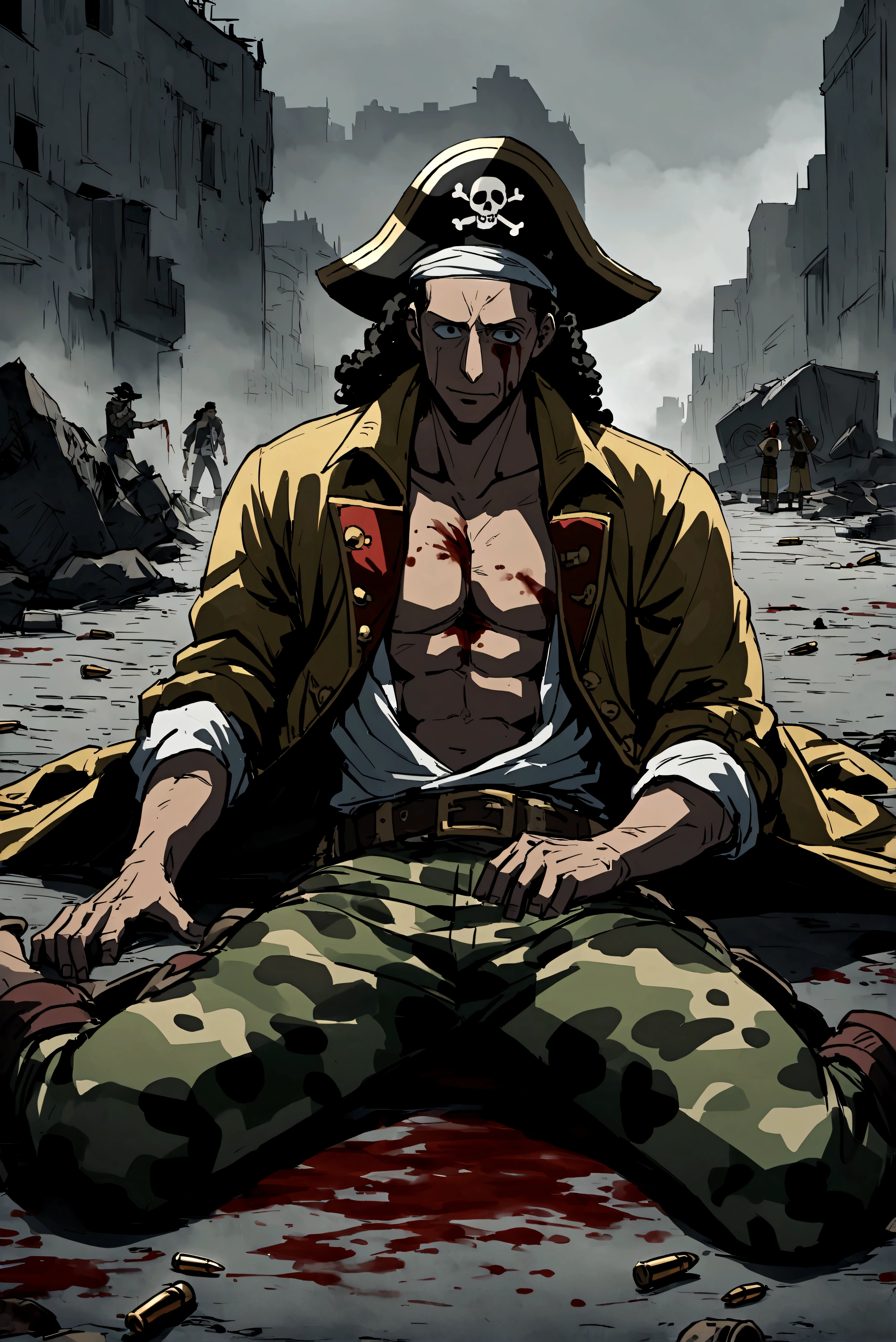 Imagine a dark scene on a battlefield. usopp, a character with his long, distinctive nose, It's lying on the ground. He wears his signature pirate costume, including the pirate hat and camouflage print pants. There's a pained expression on your face, and a bullet wound is visible in his chest, with blood staining your clothes. ao redor, the scene is devastated, with wreckage and signs of an intense fight. The sky is dark and overcast, adding a tragic atmosphere to the scene.