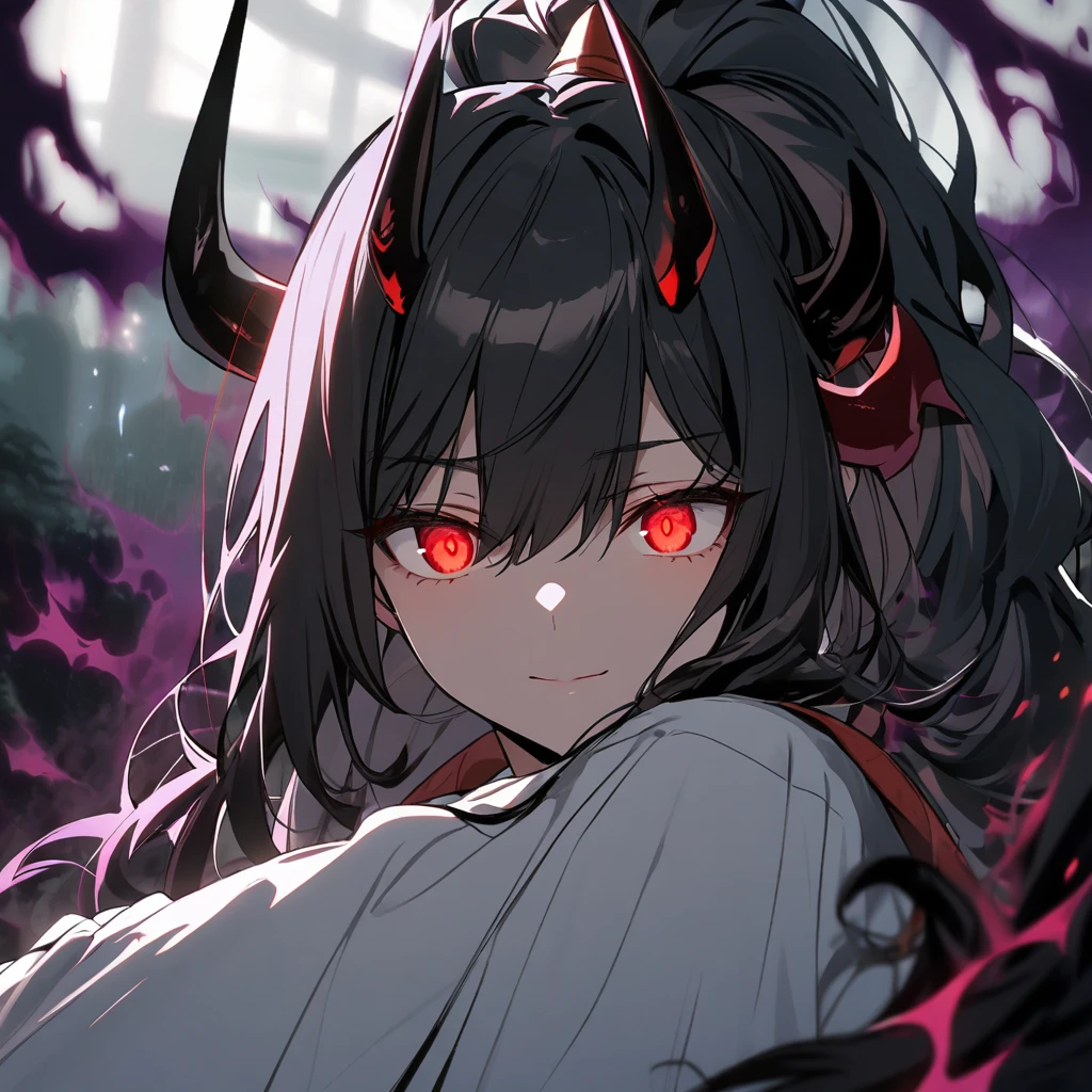 girl, ponytail. dark aura, devil horn, red eyes, glowing eyes, black hair, long hair, relaxing face