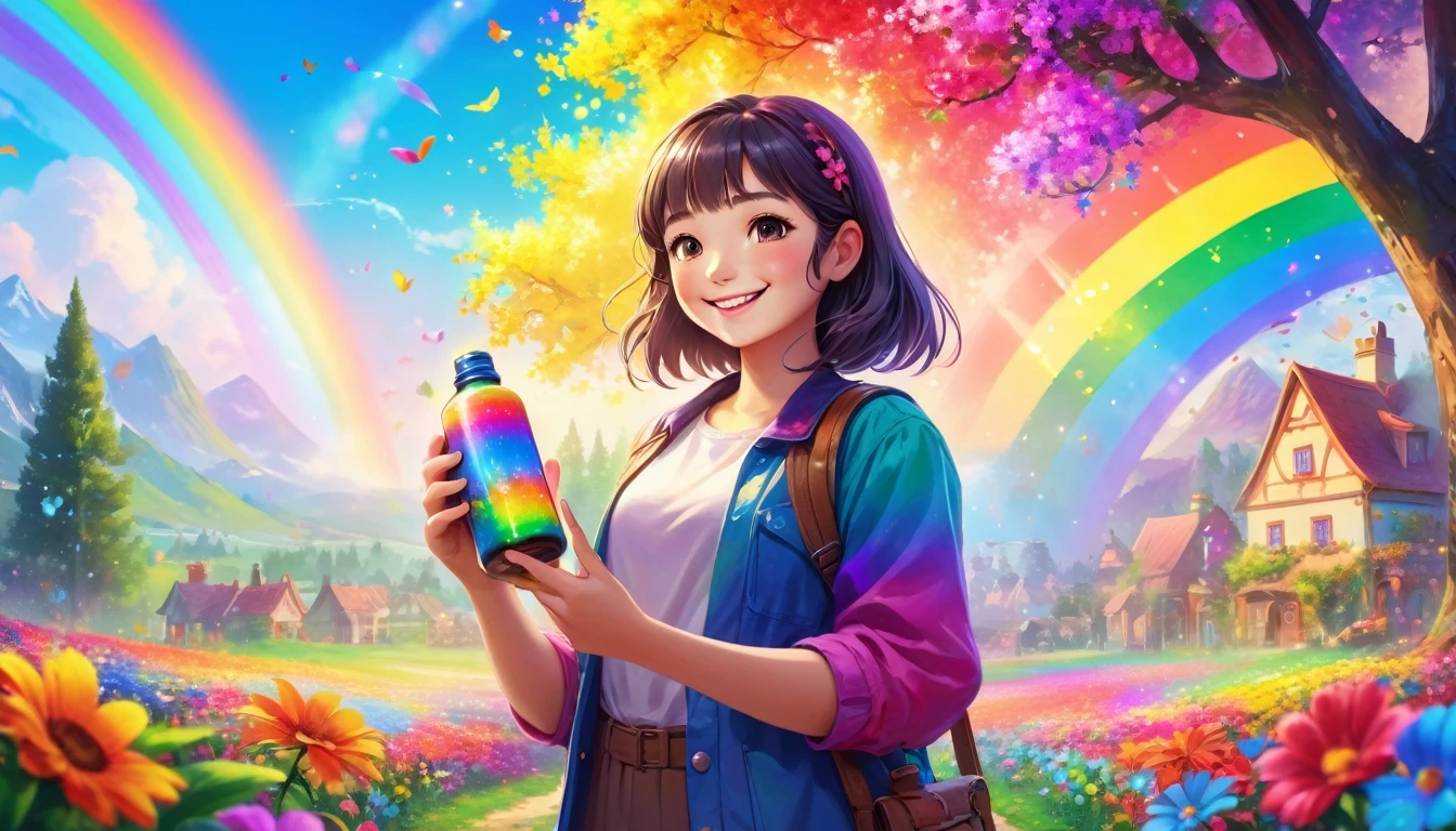 A girl standing with a bright smile, Holding a bottle of magic paint. Surrounded by magical and colorful surroundings, With colorful flowers, Vivid trees々Or a rainbow-filled sky. 4K resolution