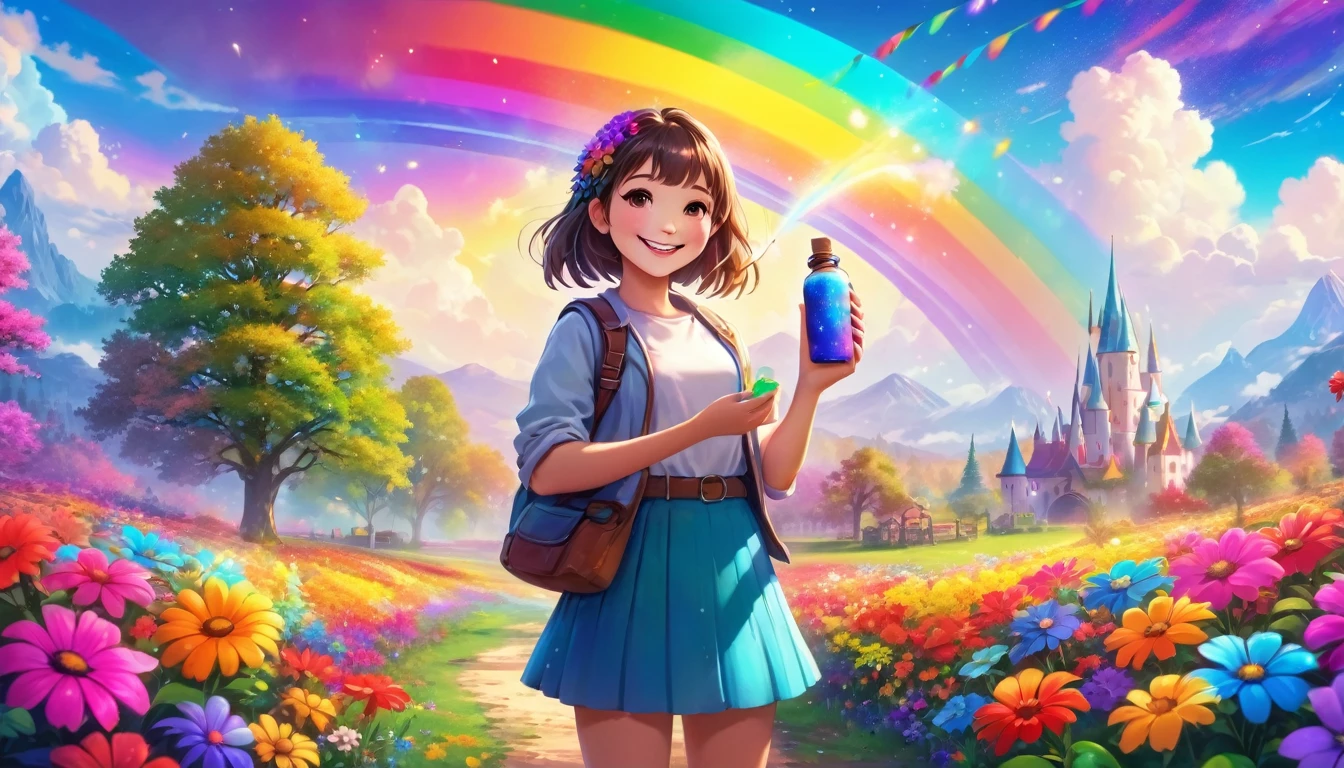 A girl standing with a bright smile, Holding a bottle of magic paint. Surrounded by magical and colorful surroundings, With colorful flowers, Vivid trees々Or a rainbow-filled sky. 4K resolution
