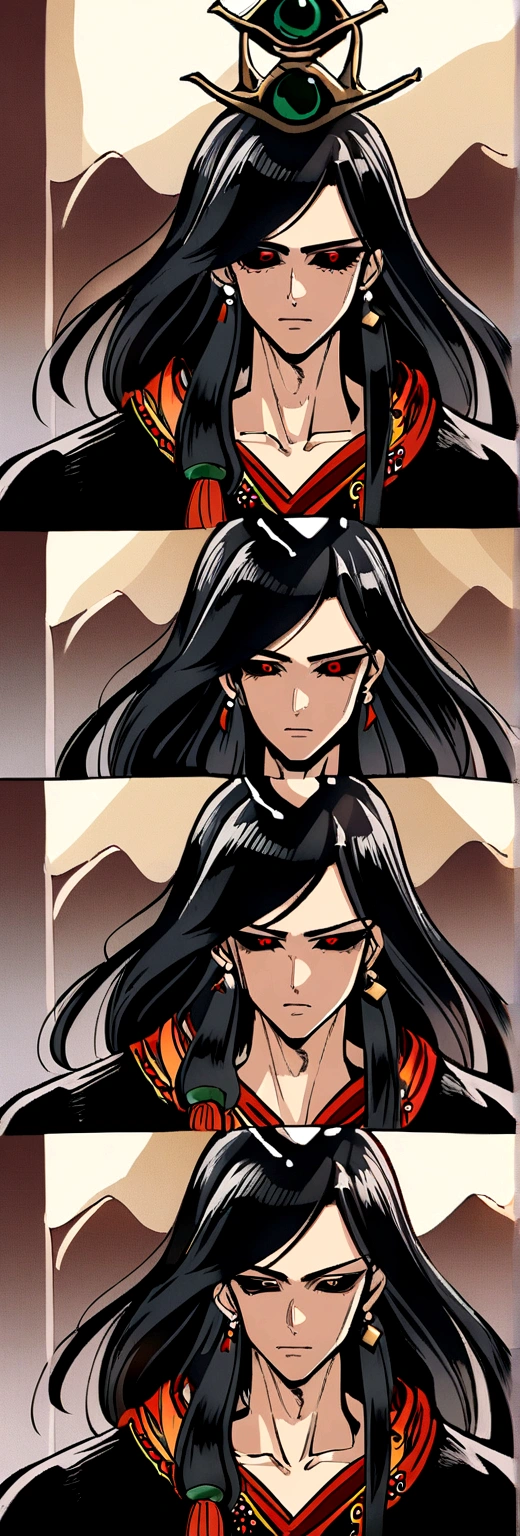 Black haired, long hair , 3 bangs, male , a black crown floating above head , red eyes , black sclera , black kimono , with a sythe , shaman artstyle