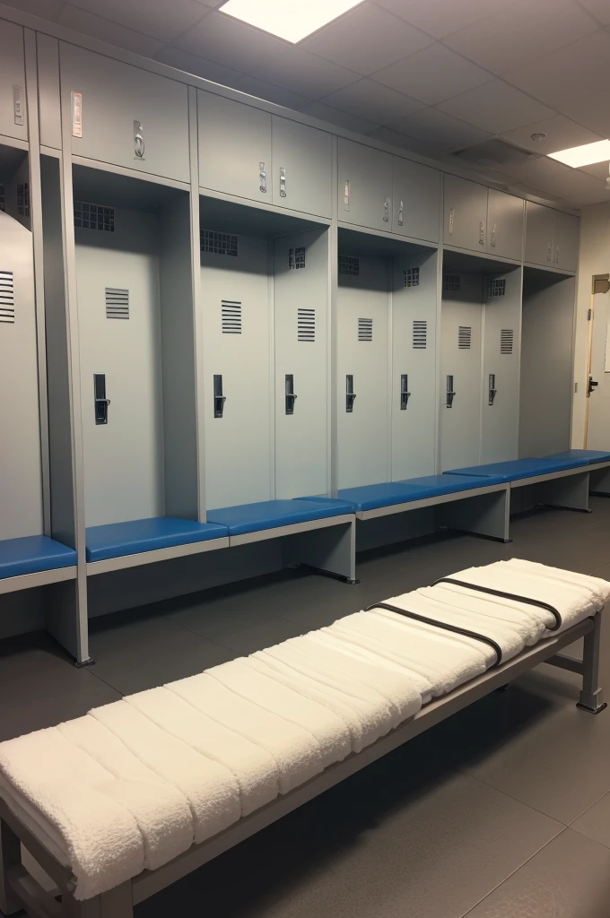 gym locker, benches, towels and weights