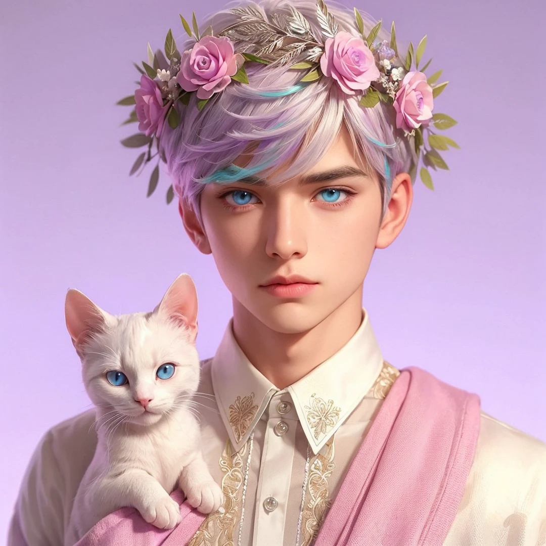 Handsome boy, white hair highlighted with turquoise pink and purple, blue eyes, wearing pink barong tagalog, white cat