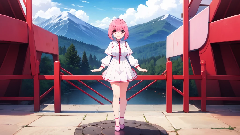 1girl,musical note pattern ,Mountain,dam ,pastel pink hair,brown eye,bob hair,standing, beckoning, full body,red frame eyewear,big breasts,smile