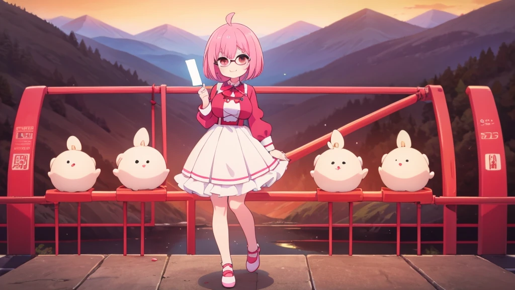 1girl,musical note pattern ,Mountain,dam ,pastel pink hair,brown eye,bob hair,standing, beckoning, full body,red frame eyewear,big breasts,smile