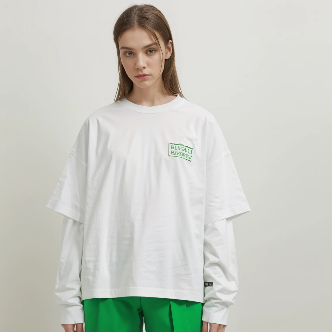 white oversize t-shirt no any patten on any logo,white oversize t-shirt , all green color background,balenciaga concept fashion photo, Paris