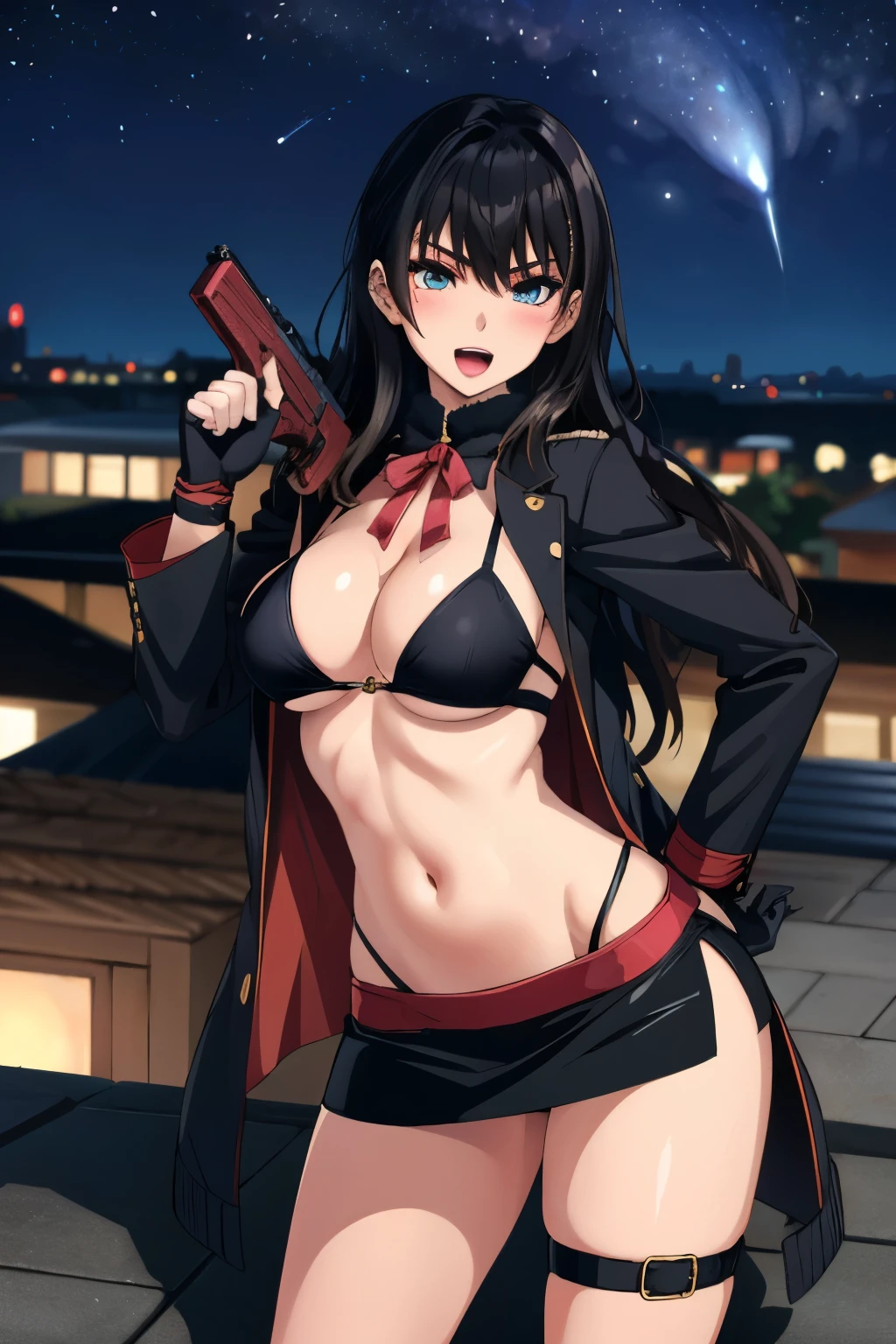 1girl, nanami, , long hair, blush, lipstick, outdoors, rooftop, cityscape, building, railing, night, night sky, scenery, city lights, Fur trim, mature female, gloves, fur-trimmed coat, masterpiece, best quality, highly detailed, a girls with a gun, open mouth, blazer,  gaze, , badass pose , evil smile, smile, black bra, anime girl with long hair, long haired girl,
navel, evil expression, exposed belly, exposed navel, exposed midriff, exposed lower belly, micro
miniskirt, micro pencil skirt, pencil skirt ,holding a gun
