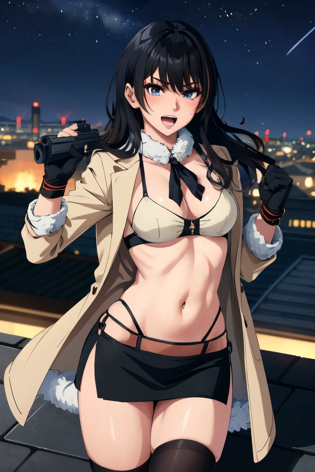 1girl, nanami, medium breasts, long hair, blush, lipstick, outdoors, rooftop, cityscape, building, railing, night, night sky, scenery, city lights, Fur trim, mature female, gloves, fur-trimmed coat, masterpiece, best quality, highly detailed, a girls with a gun, open mouth, blazer, sexy gaze, , badass pose , evil smile, smile, black bra, anime girl with long hair, long haired girl,
navel, evil expression, exposed belly, exposed navel, exposed midriff, exposed lower belly, micro
miniskirt, micro pencil skirt, pencil skirt ,holding a gun