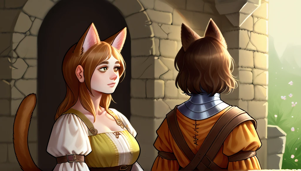 score_9_up, 2others, backtoback,back to back, back_to_back,
((catgirl:1.2), anthro, female, (standing, portrait, focus, side_view), ((brown fur, ears, tail)), (wearing medieval clothes), beautiful),
((human:1.2), male, (standing, portrait, focus, side_view), (wearing medieval clothes), beautiful) 