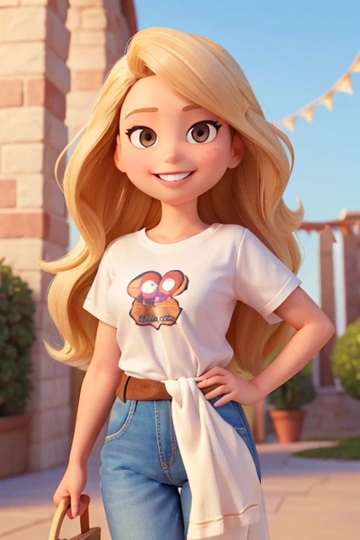 Create a blonde woman WITH BROWN EYES, 35 years old, pixar style disney cartoon, smiling, long hair, with a hopeful and loving look. Clothing should be a white shirt. remove design from t-shirt