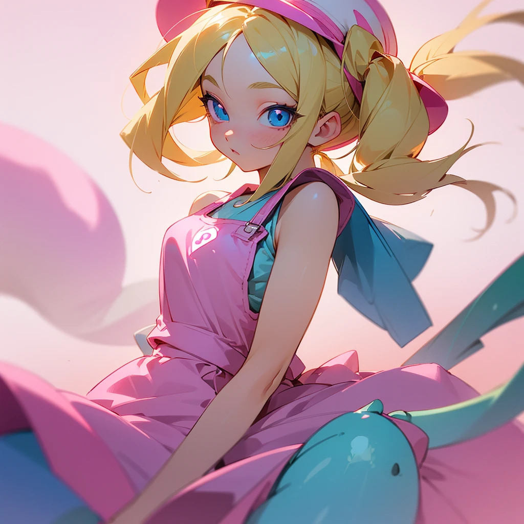 1 adult girl, blue eyes, Blonde, hair in two pigtails, pink vests, pink dress with white overalls, a pink hat on her head, in a calm and sweet environment, photography as for social media profile, Dragon Ball Z style and design, especially in the eyes