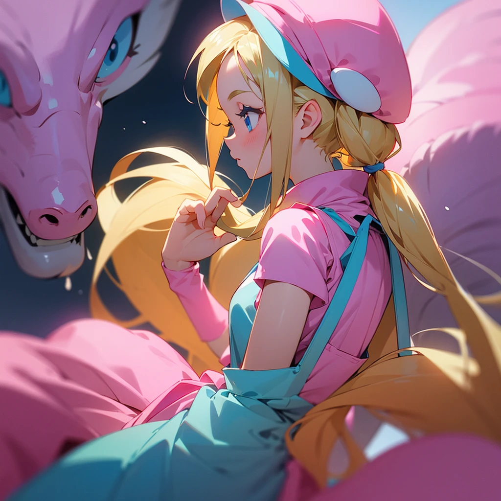 1 adult girl, blue eyes, Blonde, hair in two pigtails, pink vests, pink dress with white overalls, a pink hat on her head, in a calm and sweet environment, photography as for social media profile, Dragon Ball Z style and design, especially in the eyes