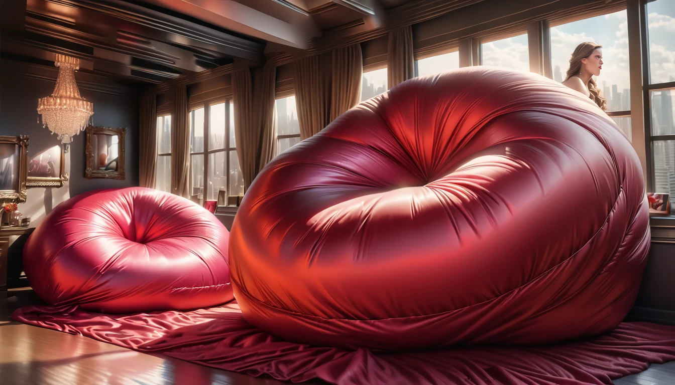 a luxurious and fluffy red silk bed, many giant silk body pillows, fluffy red silk comforter, (best quality,8k,highres,masterpiece:1.2),ultra-detailed,(realistic,photorealistic,photo-realistic:1.37),HDR,studio lighting,extreme detail description,vivid colors,soft light,dreamy atmosphere,luxurious,opulent,lavish,plush,elegant,high-end,sophisticated,premium quality