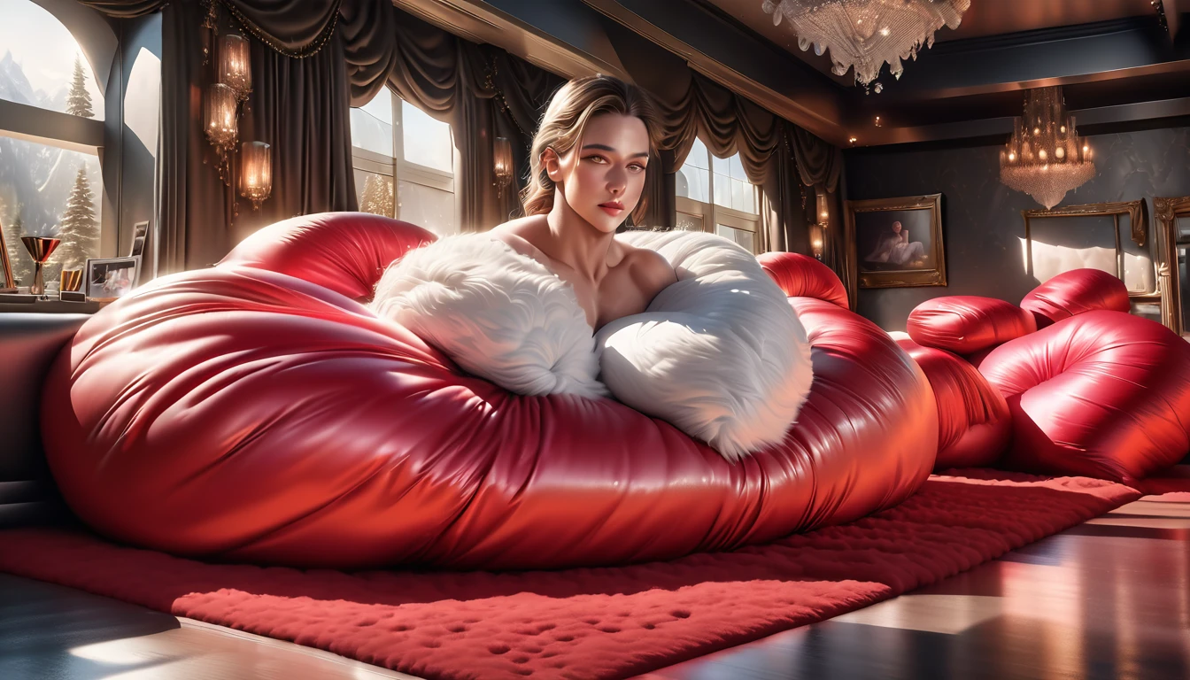 a luxurious and fluffy red silk bed, many giant silk body pillows, fluffy red silk comforter, (best quality,8k,highres,masterpiece:1.2),ultra-detailed,(realistic,photorealistic,photo-realistic:1.37),HDR,studio lighting,extreme detail description,vivid colors,soft light,dreamy atmosphere,luxurious,opulent,lavish,plush,elegant,high-end,sophisticated,premium quality