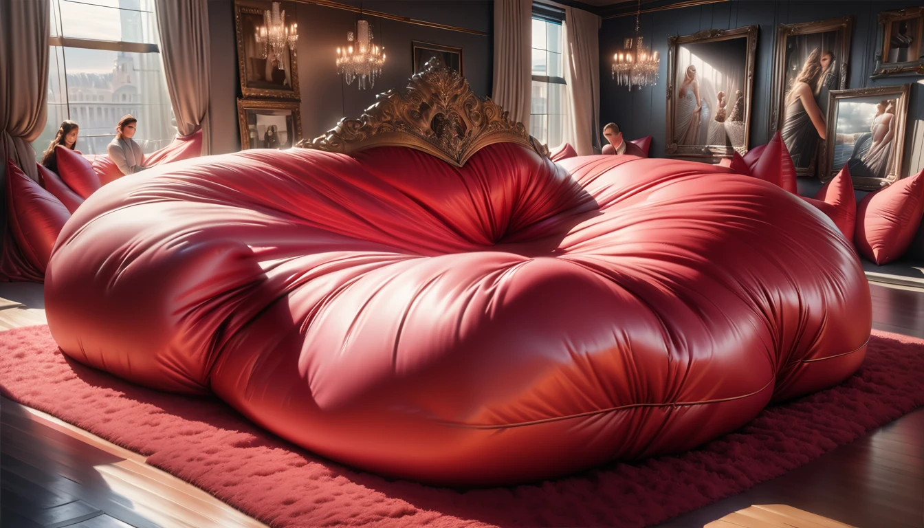 a luxurious and fluffy red silk bed, many giant silk body pillows, fluffy red silk comforter, (best quality,8k,highres,masterpiece:1.2),ultra-detailed,(realistic,photorealistic,photo-realistic:1.37),HDR,studio lighting,extreme detail description,vivid colors,soft light,dreamy atmosphere,luxurious,opulent,lavish,plush,elegant,high-end,sophisticated,premium quality